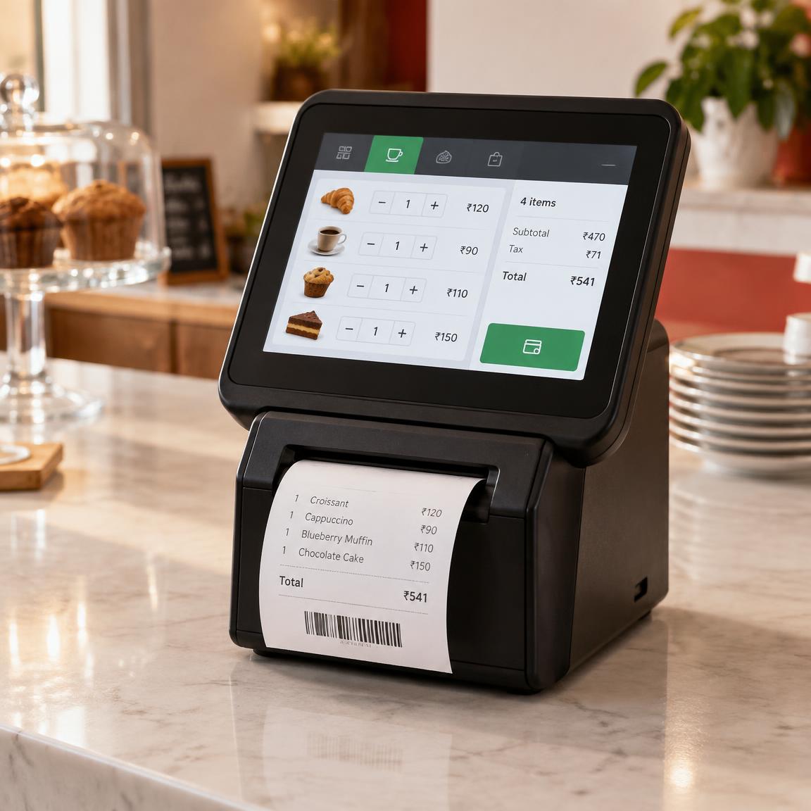 All-in-one countertop billing machine printing a customer receipt at a café